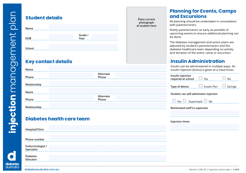 NDSS Diabetes Management Plan for injections on school camps and events